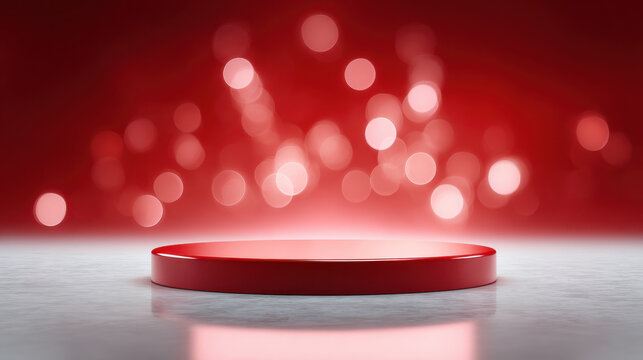 Round, red platform with smooth surface is set against blurred background of red and pink bokeh lights, creating festive and elegant atmosphere