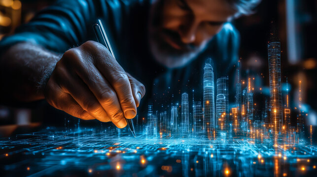 An architect brings architectural designs to life with 3D holographic construction models. The concept of innovation in architecture and futuristic design. Generative Ai. - Powered by Adobe