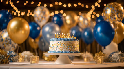 Glowing centerpiece cake surrounded by elegant blue and gold balloons in soft focus, perfect festive birthday visual