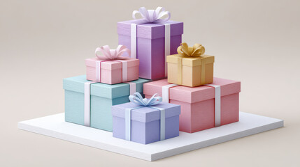 Colorful gift boxes with ribbons arranged on white platform, evoking celebration, surprise, and joy in festive setting