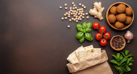 Fototapeta premium A flat lay of falafel ingredients and pita bread on a dark brown background