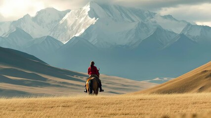 Young child explores vast mountain landscape while riding horse during an adventurous journey, Young child riding horse in vast mountain landscape