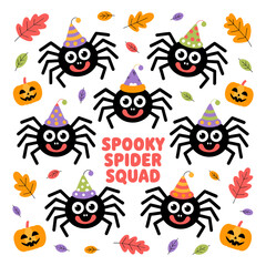 Fototapeta premium Vector art of spooky spider squad with pumpkins isolated on white background