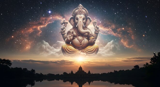 God Ganesha on Majestic Beautifull sky, made by AI