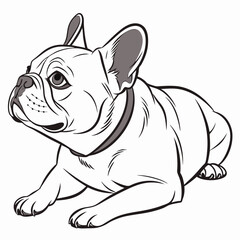 Cartoon illustration of a French Bulldog resting with an attentive gaze