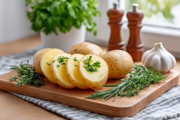 Raw potatoes seasoned with herbs and spices rest on cutting board