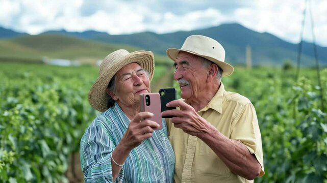 Elderly couple of farmers happily taking a selfie in the vineyard during the afternoon, Couple of elderly farmers taking picture with smartphone Grandpa suffers from facial paralysis