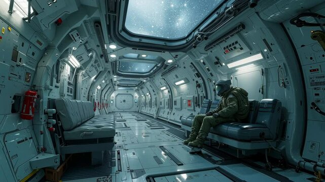 Lonely Astronaut Sitting and Thinking Inside Spaceship