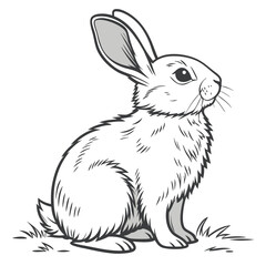 Detailed line drawing of a fluffy white rabbit sitting on grass
