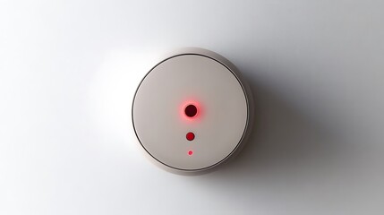A white round device with three red lights on a white surface close up shot