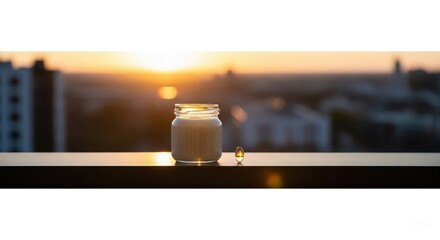 Fototapeta premium Glass jar with cream and vitamin capsule at sunset on balcony railing