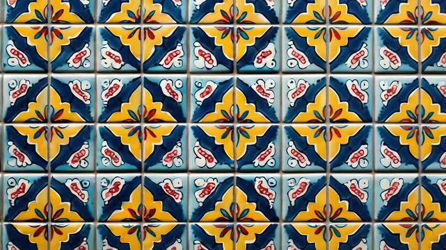 A decorative tile pattern featuring vibrant colors and intricate floral and abstract designs.
