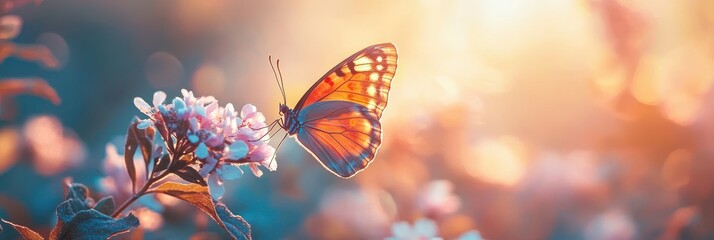 Pastel Serenity: Butterfly and Bloom in Sunrise Glow