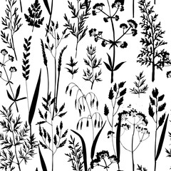 Seamless vector pattern with black silhouettes of wild meadow herbs and flowers. Botanical floral background for fabric, wrapping paper, eco packaging, wallpapers, and digital design.