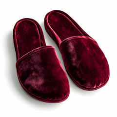 A pair of luxurious burgundy velvet slippers, showcasing their soft texture, isolated on a white background