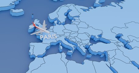France, Paris, abstract illustration of an airplane map, air travel concept