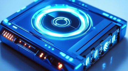 Obraz premium A close up of a blue futuristic device with glowing circular elements on top