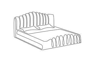 Continuous one line drawing of Bedroom with Bed Furniture. Single line drawing illustration of Cozy bedroom interior. Simple House concept vector art. Doodle line illustration.