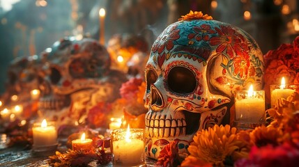 Sugar Skull Candles & Flowers