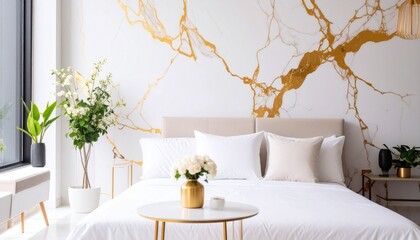 Elegant bedroom with a luxurious white and gold marble accent wall. Perfect for advertising bedding, home decor, and upscale interior design