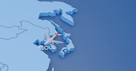 South Korea, Seoul, abstract illustration of an airplane map, air travel concept