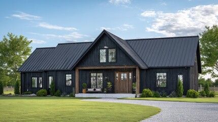 Obraz premium A barndominium home with black roof and black siding at lakeside