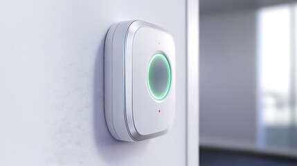A white square device with a green circle attached to a white wall indoors