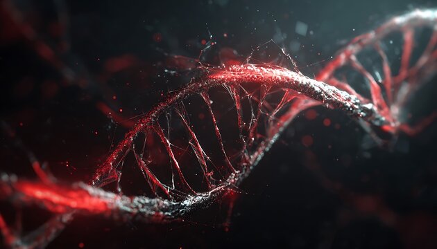 Close up view of a dna strand with red highlights against a dark background in a detailed render