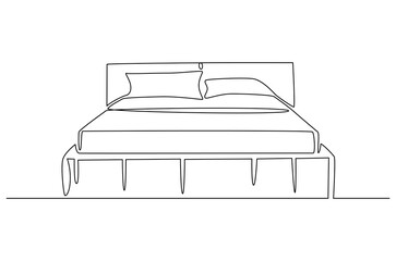 Continuous one line drawing of Bedroom with Bed Furniture. Single line drawing illustration of Cozy bedroom interior. Simple House concept vector art. Doodle line illustration.