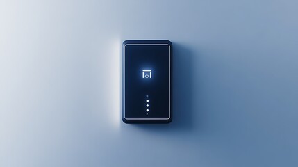 A black rectangular device mounted on a light blue wall with glowing symbols