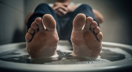 Close-up of feet soaking in soapy water for relaxation