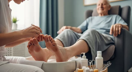 Fototapete Pediküre Elderly man receiving professional foot care and pedicure at home  © pansit.me