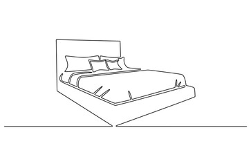 Continuous one line drawing of Bedroom with Bed Furniture. Single line drawing illustration of Cozy bedroom interior. Simple House concept vector art. Doodle line illustration.
