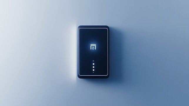 A black rectangular device mounted on a light blue wall with glowing symbols