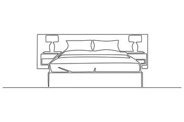 Continuous one line drawing of Bedroom with Bed Furniture. Single line drawing illustration of Cozy bedroom interior. Simple House concept vector art. Doodle line illustration.