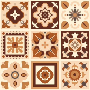 Seamless pattern with decorative vintage brown tiles creating a retro kitchen or bathroom design