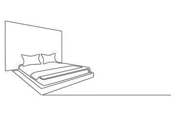Continuous one line drawing of Bedroom with Bed Furniture. Single line drawing illustration of Cozy bedroom interior. Simple House concept vector art. Doodle line illustration.
