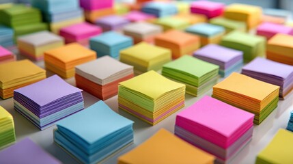 Organized sticky notes on board, showcasing colorful task management system. vibrant colors create visually appealing layout for productivity