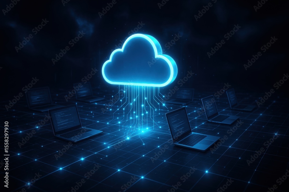 Fototapete Cloud Computing: A futuristic depiction of cloud computing, with a luminous cloud icon connected to a network of laptops, symbolizing data storage and remote access in the digital realm.