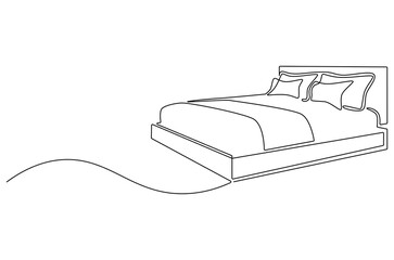 Continuous one line drawing of Bedroom with Bed Furniture. Single line drawing illustration of Cozy bedroom interior. Simple House concept vector art. Doodle line illustration.