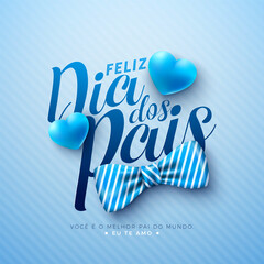 Happy Father's Day Greeting Card Design with Blue Heart and Striped Bow Tie on Light Blue Background. Feliz Dia dos Pais Portuguese Language Vector Illustration for the Loved and Best Dad. Template