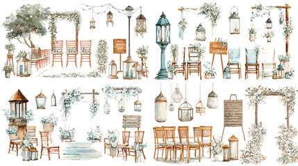 Watercolor illustrations of rustic wedding decorations including lanterns, chairs, signage, and floral arches, perfect for romantic event planning and stationery designs.

