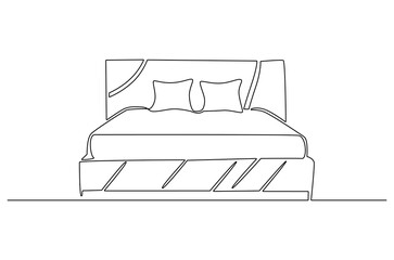 Continuous one line drawing of Bedroom with Bed Furniture. Single line drawing illustration of Cozy bedroom interior. Simple House concept vector art. Doodle line illustration.