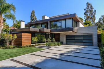 Fototapeta premium Charming Suburban House in Los Angeles: Modern Design with Expansive Driveway and Welcoming Exterior