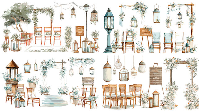 Watercolor illustrations of rustic wedding decorations including lanterns, chairs, signage, and floral arches, perfect for romantic event planning and stationery designs.

