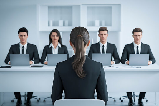 job interview, female applicant, interview panel, hiring process, recruitment, corporate setting, professional environment, business meeting, human resources, office interior, career opportunity, 