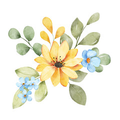 Flowers watercolor, floral clipart. Bouquet perfectly for printing design on invitations, cards, wall art and other. Botanical illustration isolated on white background. Hand painting.