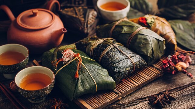 Traditional zongzi (sticky rice dumplings) wrapped in bamboo leaves, beautifully arranged for Dragon Boat Festival, with tea and festive decorations on a rustic table