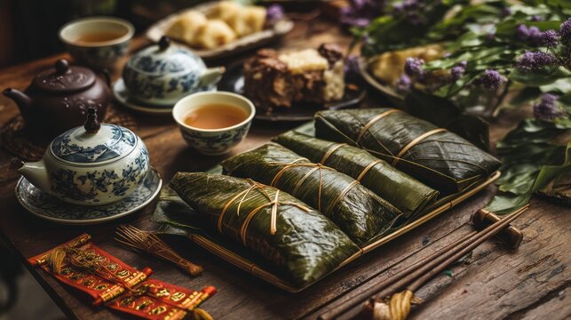Traditional zongzi (sticky rice dumplings) wrapped in bamboo leaves, beautifully arranged for Dragon Boat Festival, with tea and festive decorations on a rustic table