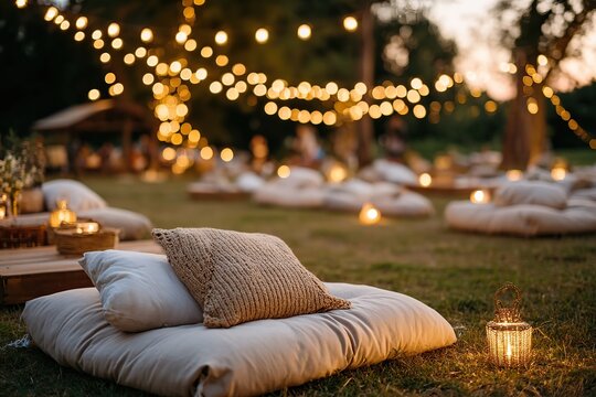 Outdoor cinema setup with cozy seating and string lights on a summer evening